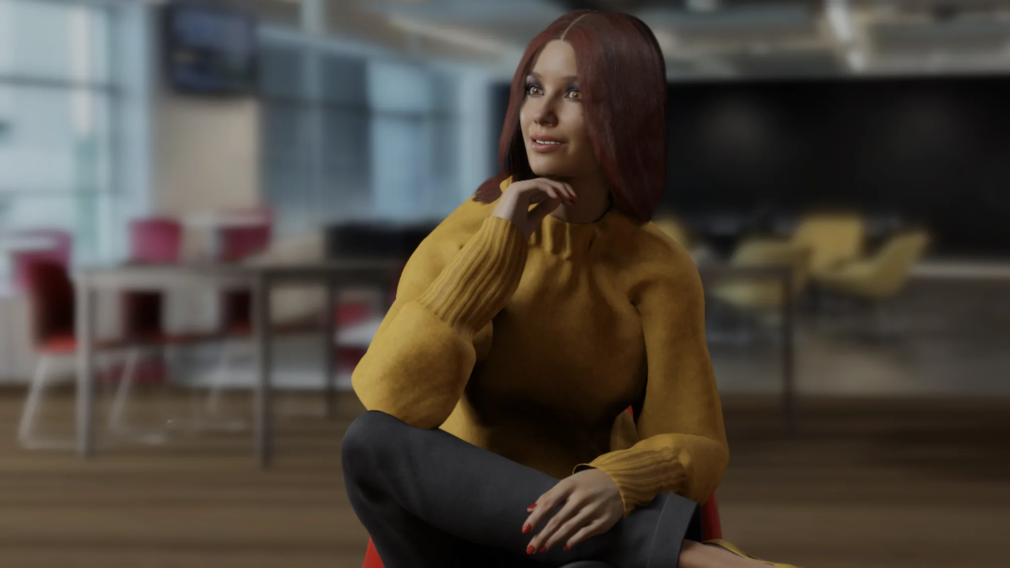 set.a.light 3D previs render of a woman in a mustard sweater on a red chair, a blurred office break room behind her