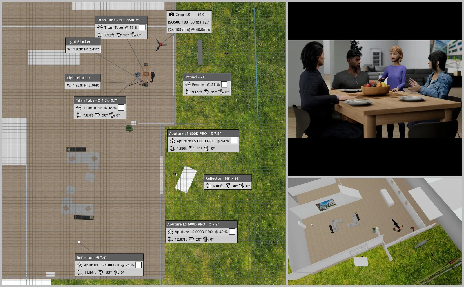 Annotated top-down lighting plan for the Farmhouse dining table setup