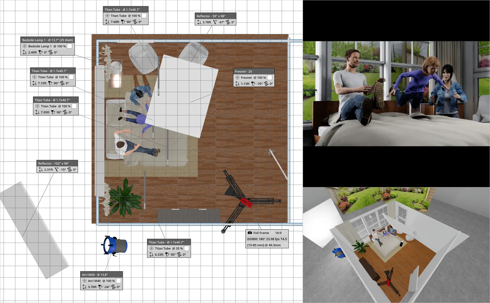 Annotated top-down lighting plan for the Luna bed setup