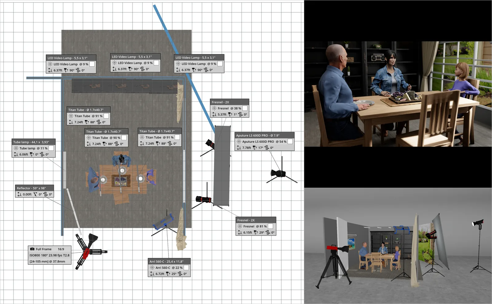 Annotated top-down lighting plan for the Olivia dining table setup