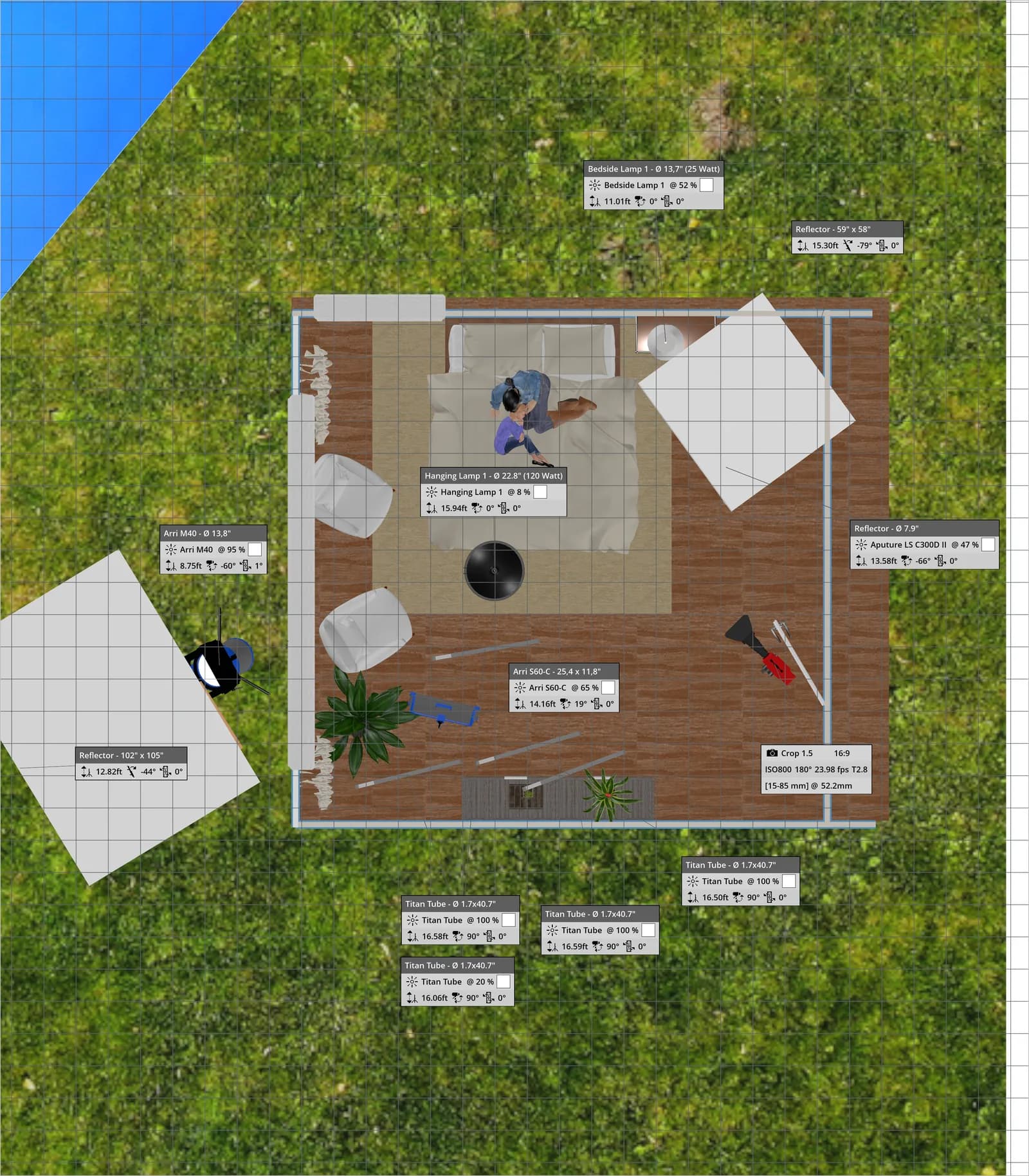 Annotated top-down lighting plan for the Stella bed setup