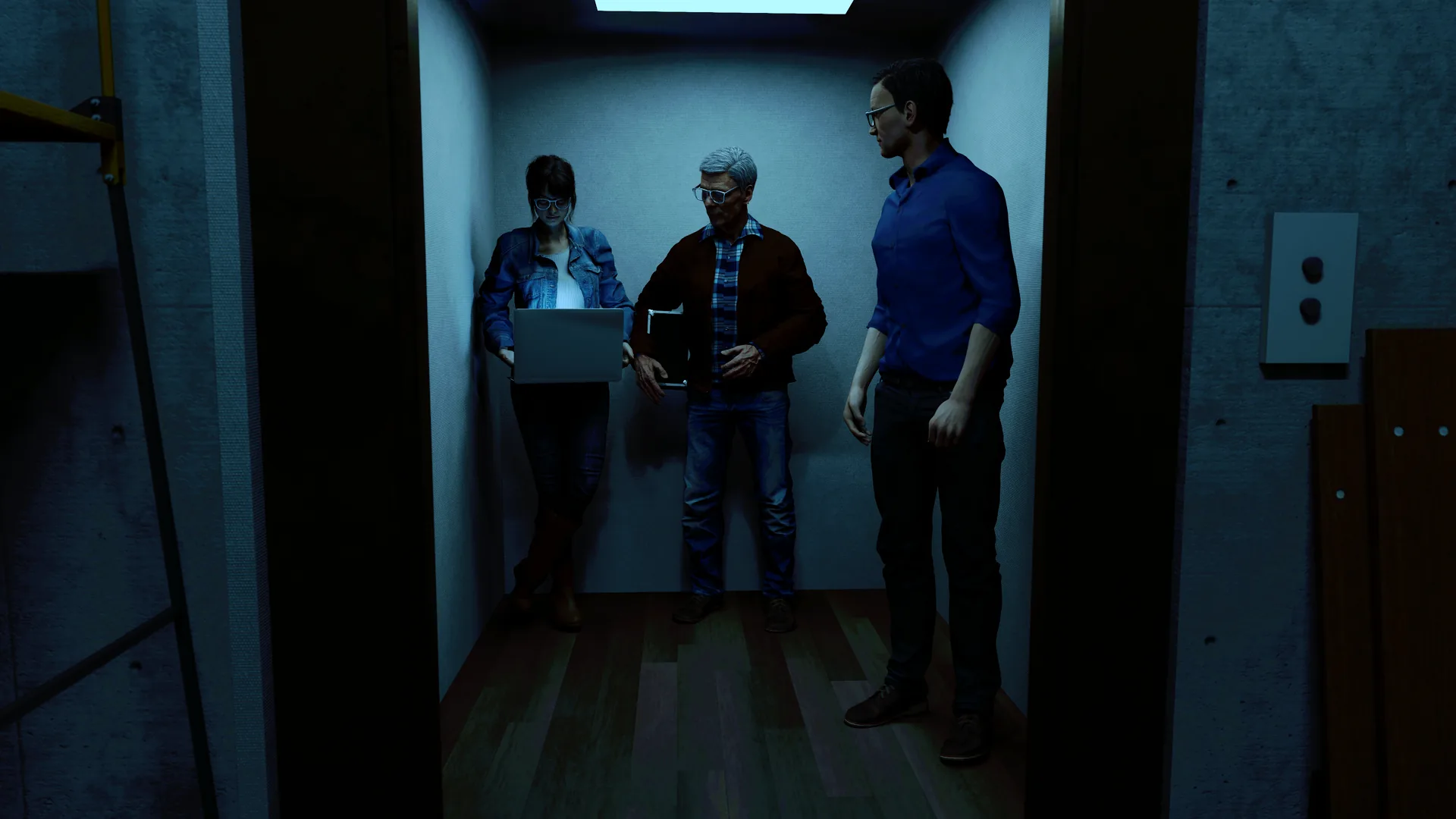 set.a.light 3D render of three people standing in a dim elevator car, one holding a laptop