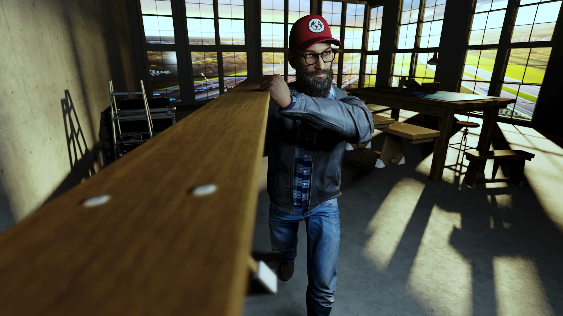 set.a.light 3D render from a camera fixed to a 2x4: a bearded man in a cap carries the board through a room with tall windows