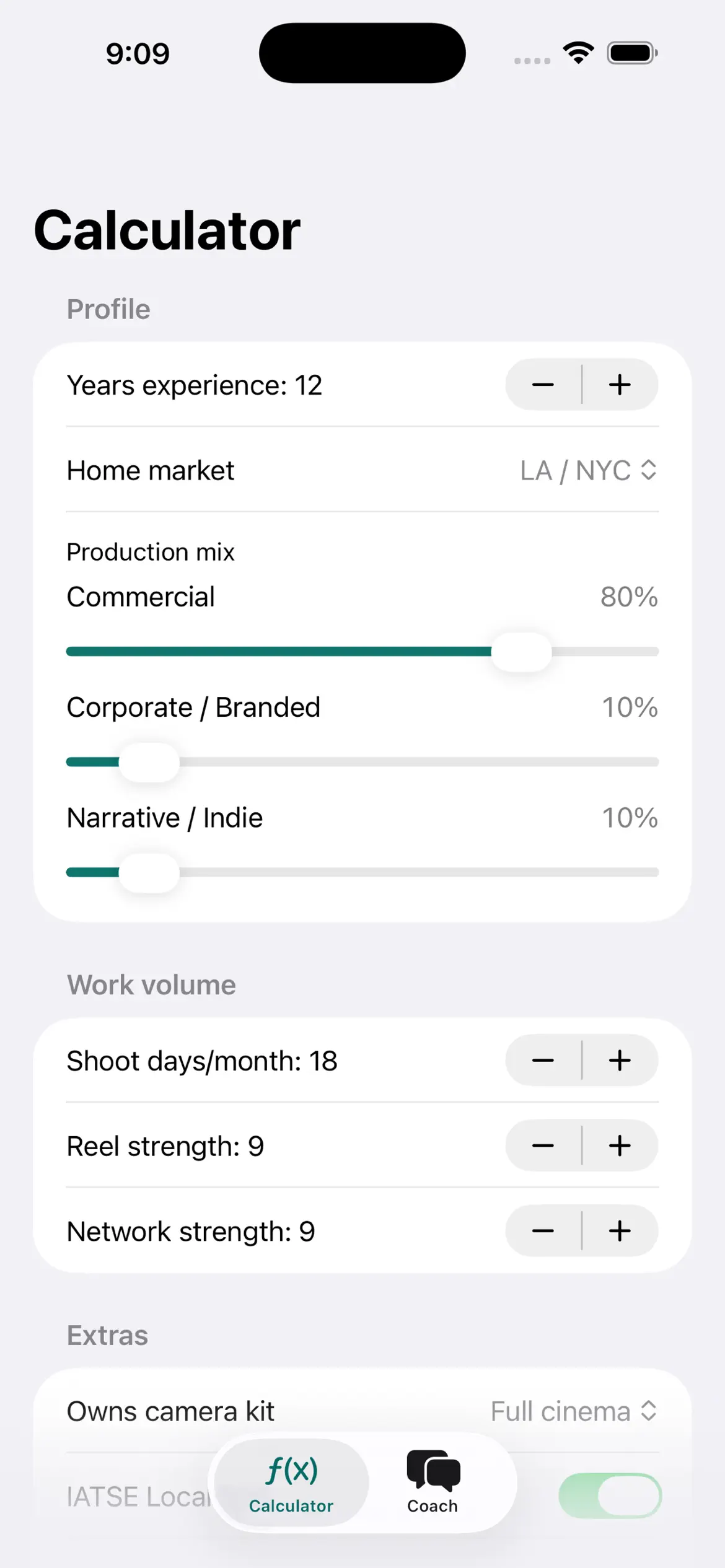 Calculator showing a year-one income range and projection