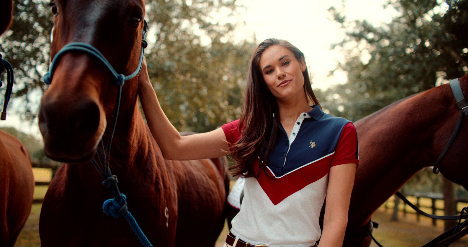 A woman in a red, white and navy polo stands between two horses in warm backlight under the oaks.