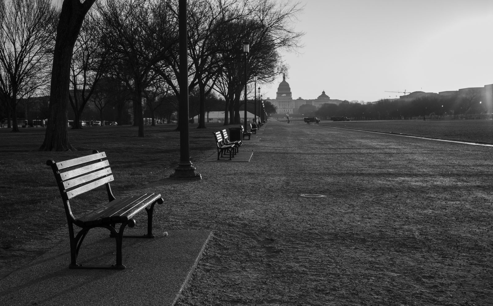 Black and white photo of an empty bench on the National Mall with the Capitol far in the distance.
