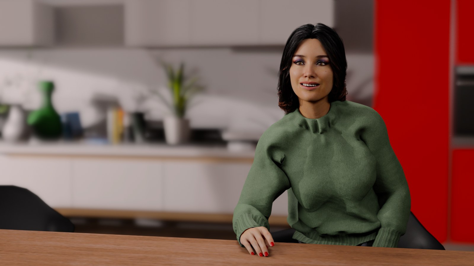 A 3D lighting preview of an interview setup: a woman seated at a kitchen table, lit softly from the side.