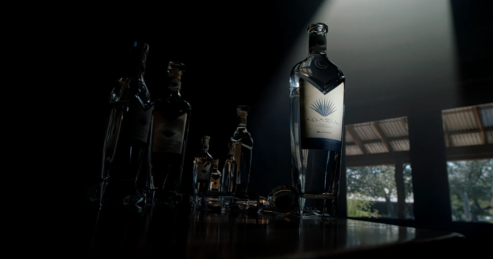 Bar shelf of Agazul bottles in silhouette against a bright window
