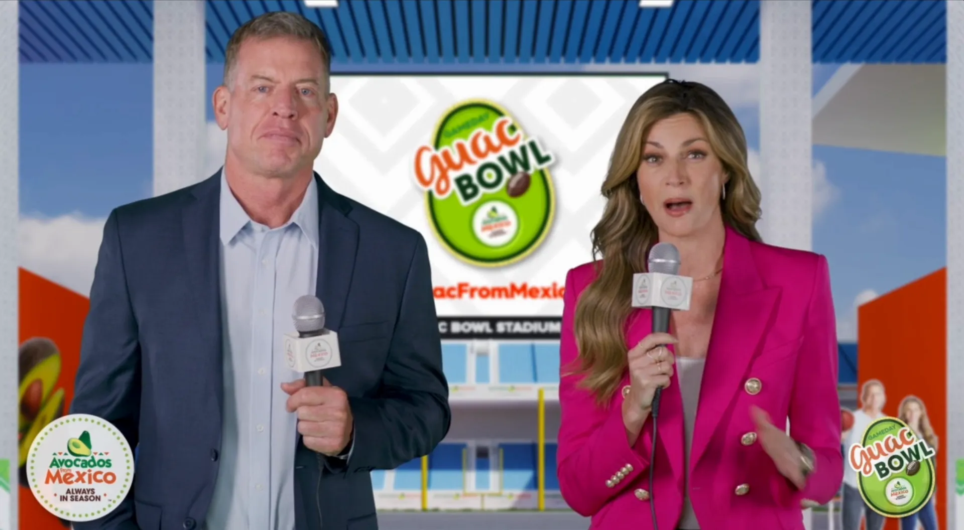 Troy Aikman and Erin Andrews hosting from the Guac Bowl stadium set