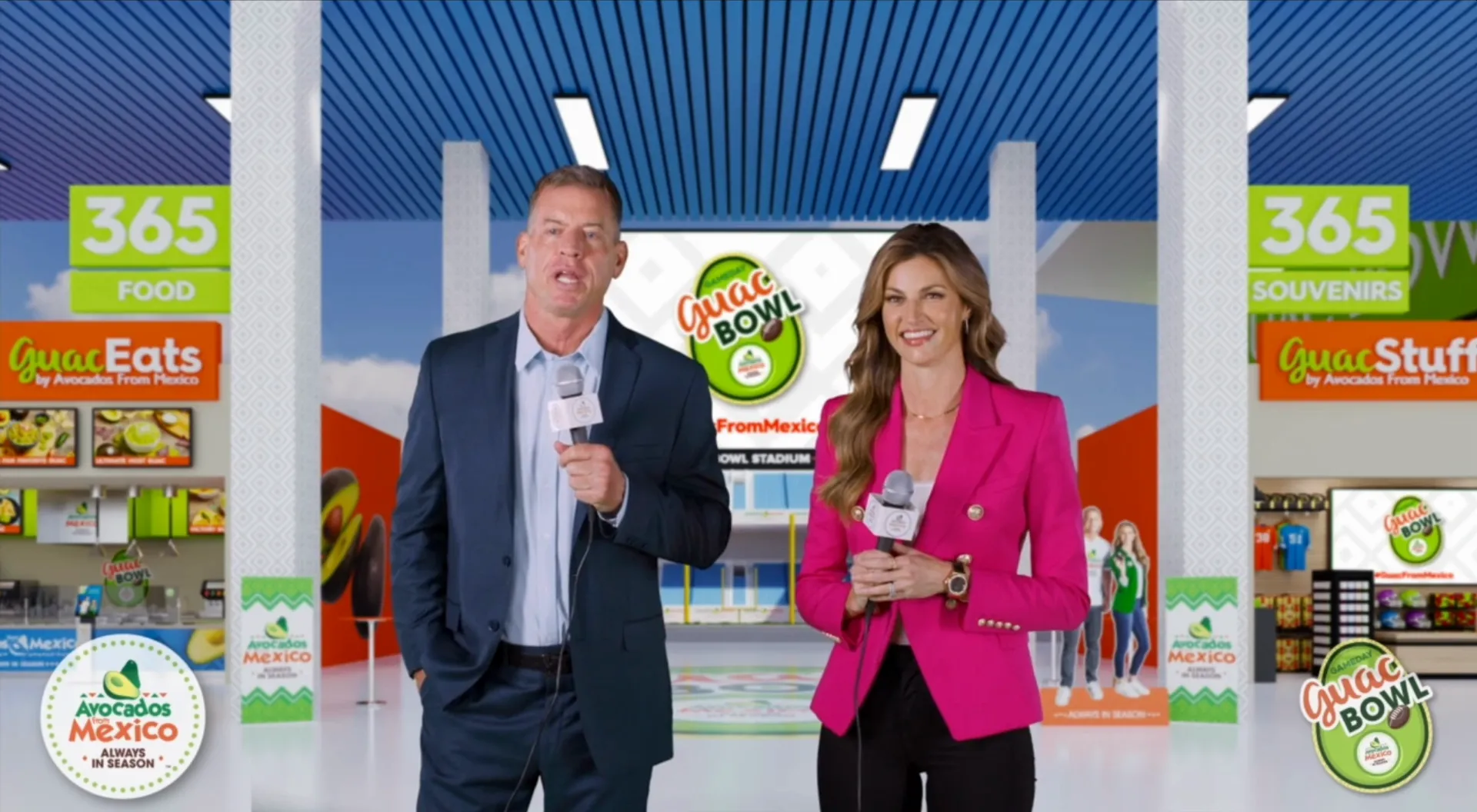 Wide shot of Troy Aikman and Erin Andrews on the Guac Bowl set