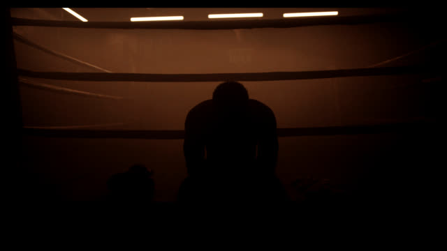 A boxer's silhouette in an empty ring under warm light