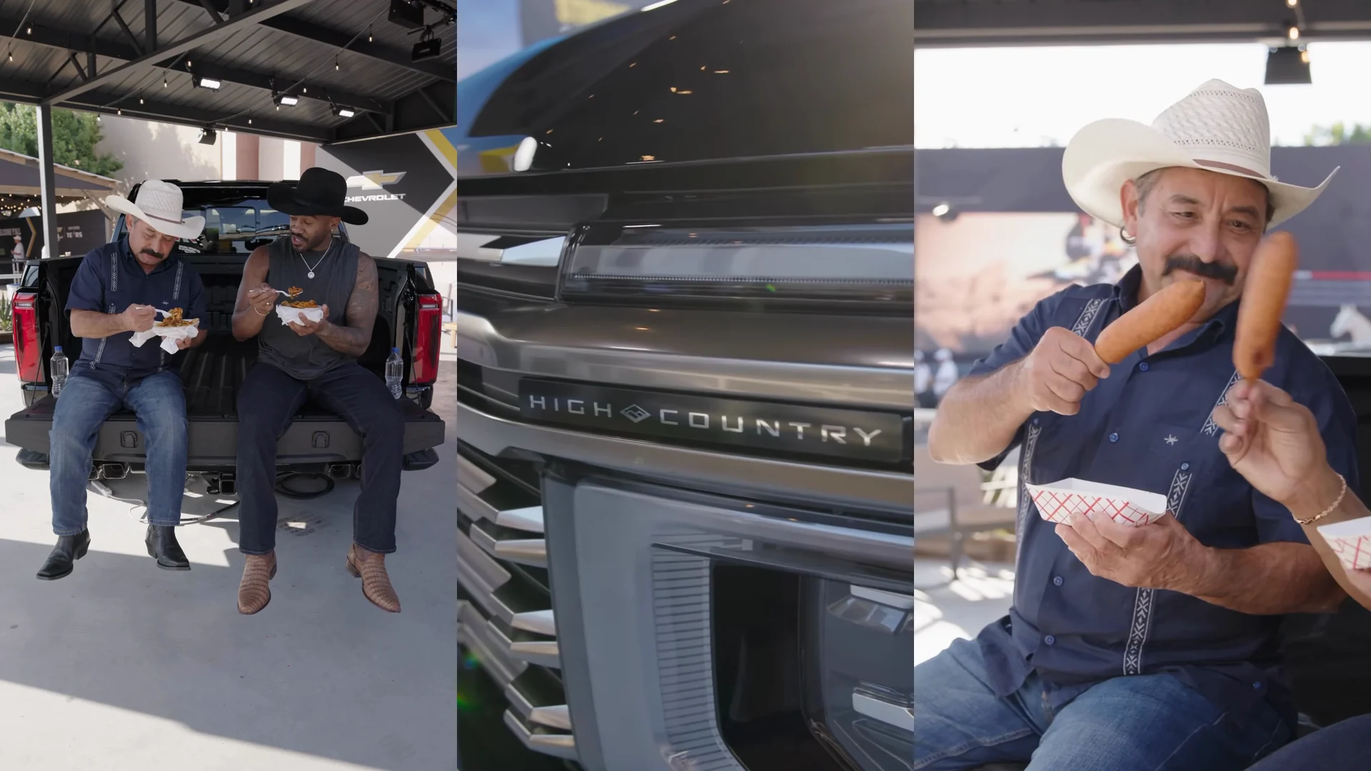 Two food reviewers on a Silverado tailgate, the High Country badge, and a corny dog toast at the State Fair of Texas