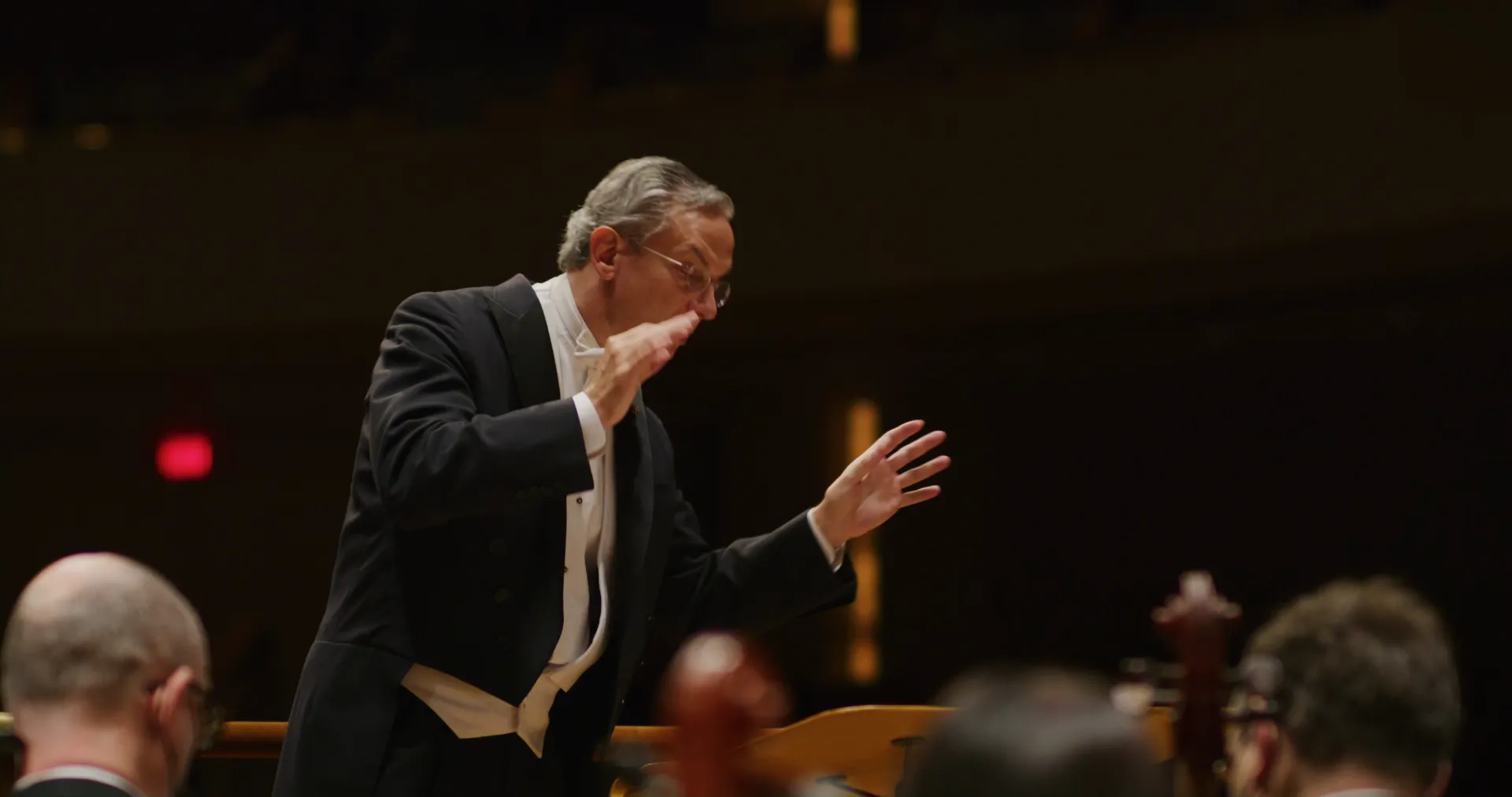 The conductor leading the orchestra from the podium