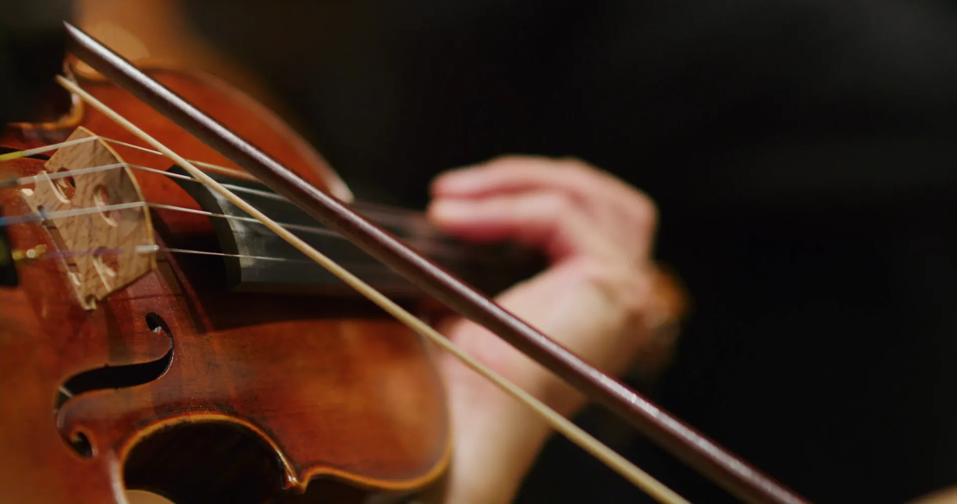 Close on a violin bow crossing the strings near the bridge
