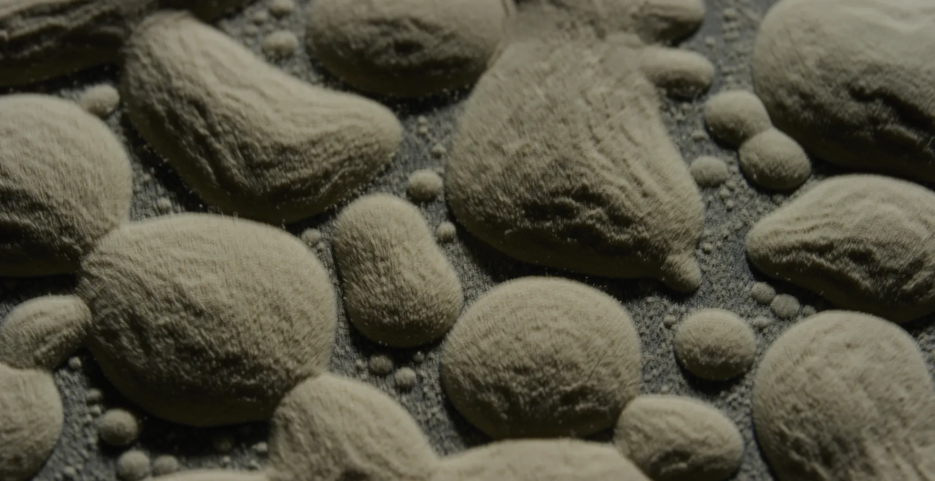 Macro of powder gathered into smooth sculpted pebbles on a dark surface