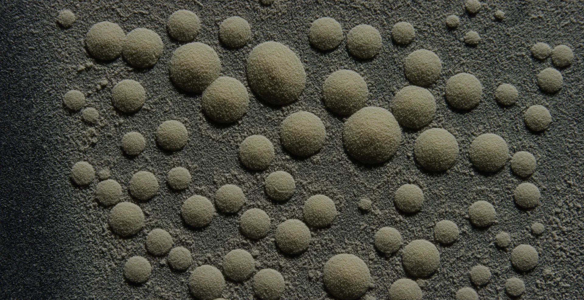 Round beads of powder scattered across a dark surface