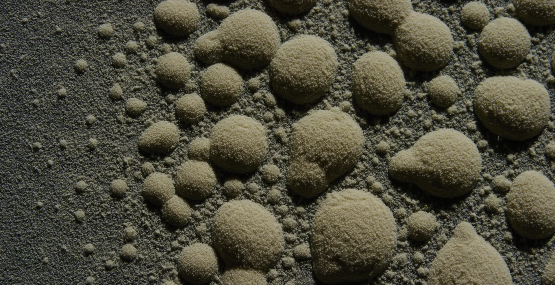 Powder beads and teardrops sculpted by vibration, lit from the side