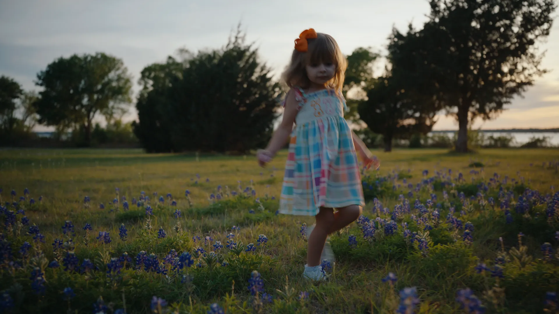 A little girl in a plaid sundress running through a field of bluebonnets at sunset
