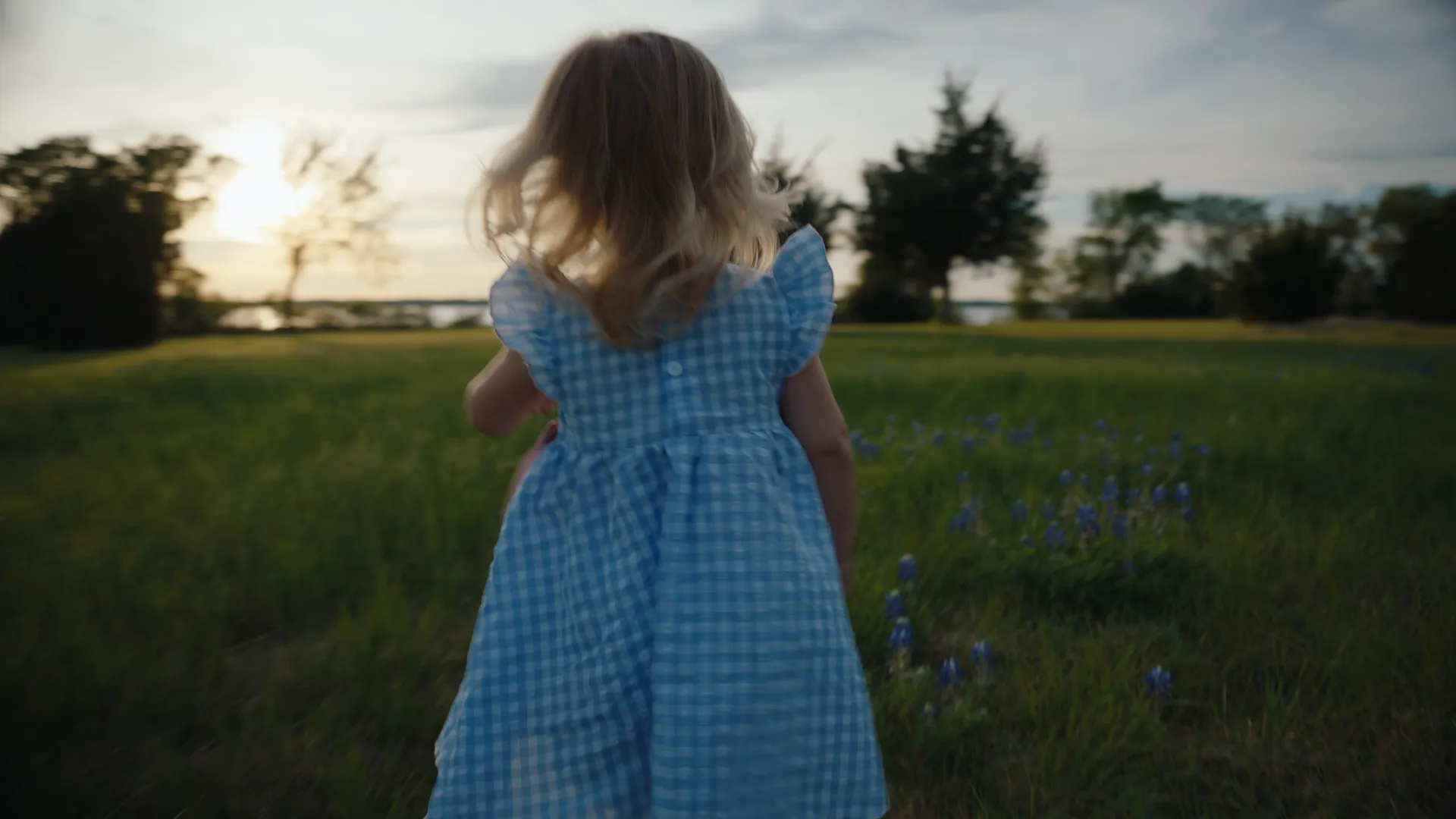 A girl in a blue gingham dress walking toward the sunset over a lake