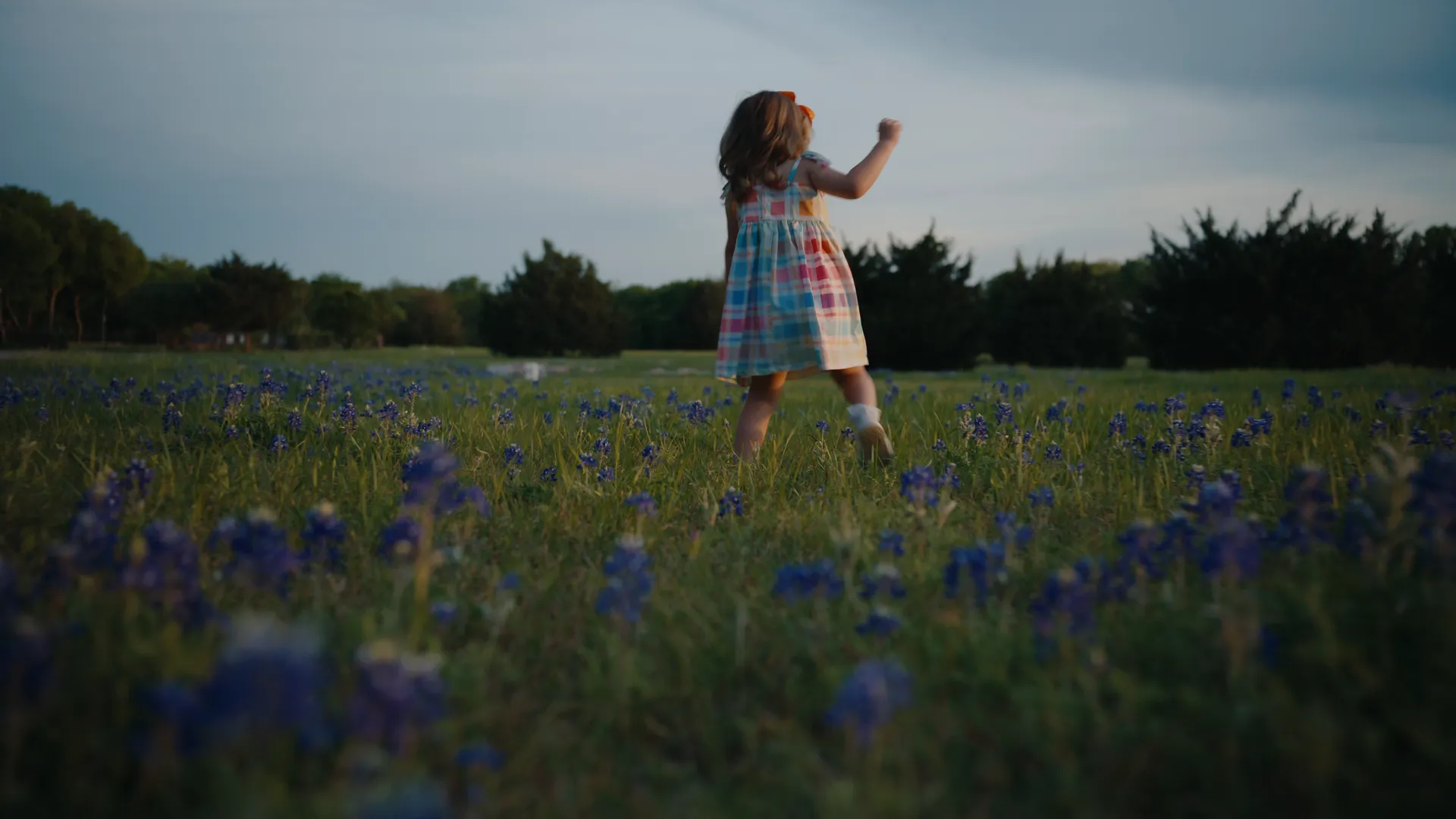 A girl dancing alone in a wide field of bluebonnets under an overcast sky