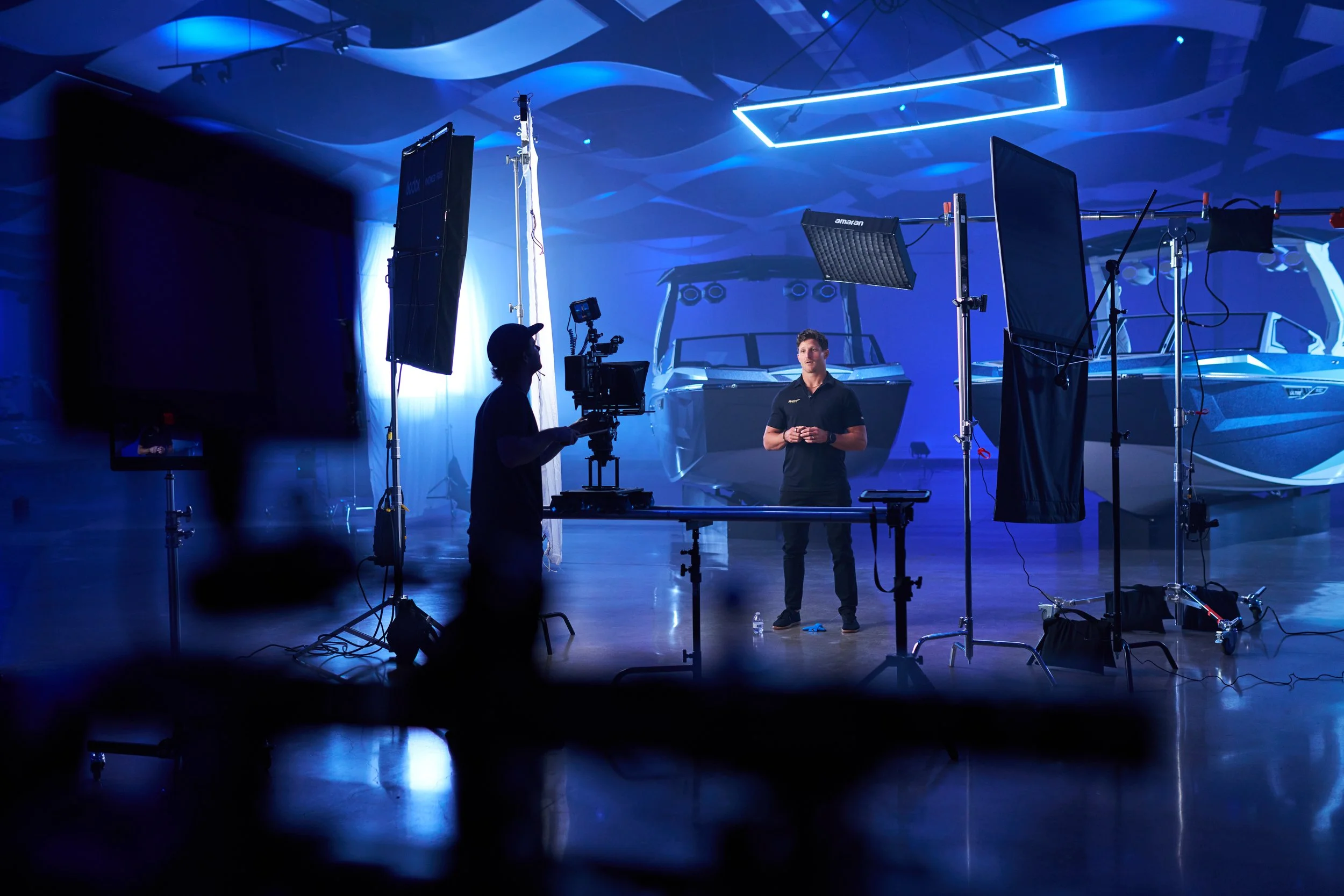 Behind the scenes filming for Tige Boats on a Texas lake